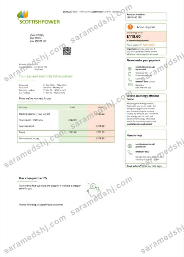 United Kingdom Scottish Power utility bill Word and PDF template scr
